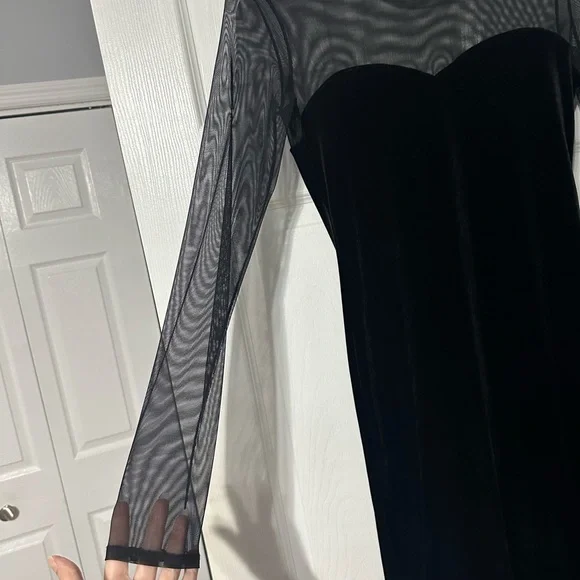 Aqua Black Velvet Party/Cocktail Dress with Sheer Sleeves - Picture 6 of 13